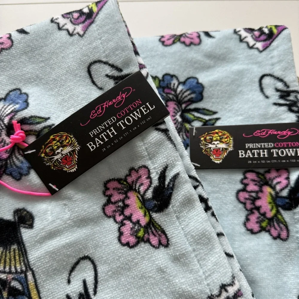 Ed Hardy Lt Blue Bath Towel 4 Piece Set, 100% Cotton 2 Bath Towels 2Hand Towels